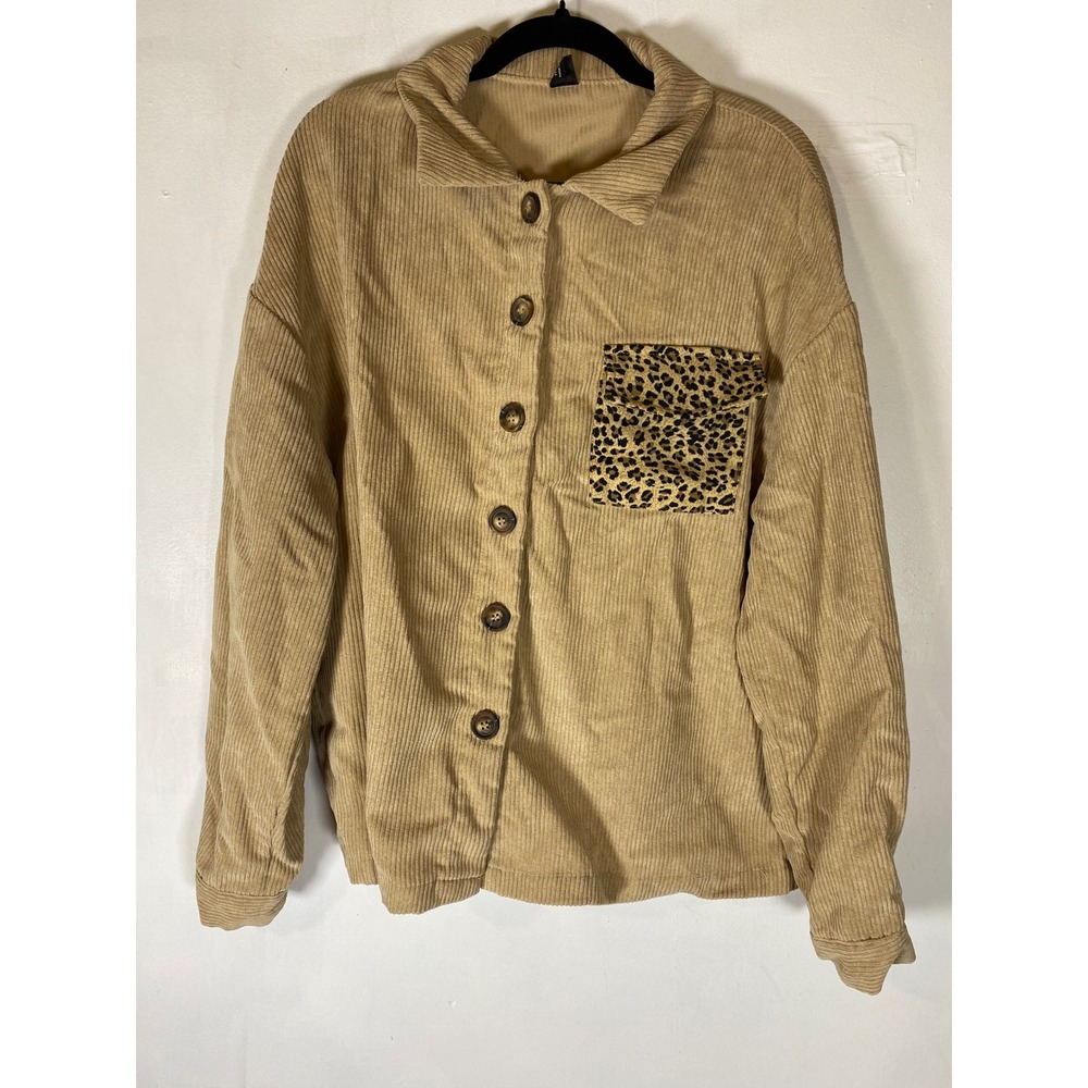SHEIN Fine Whale Corduroy Shacket Beige Leopard Pocket Button Up Jacket Medium